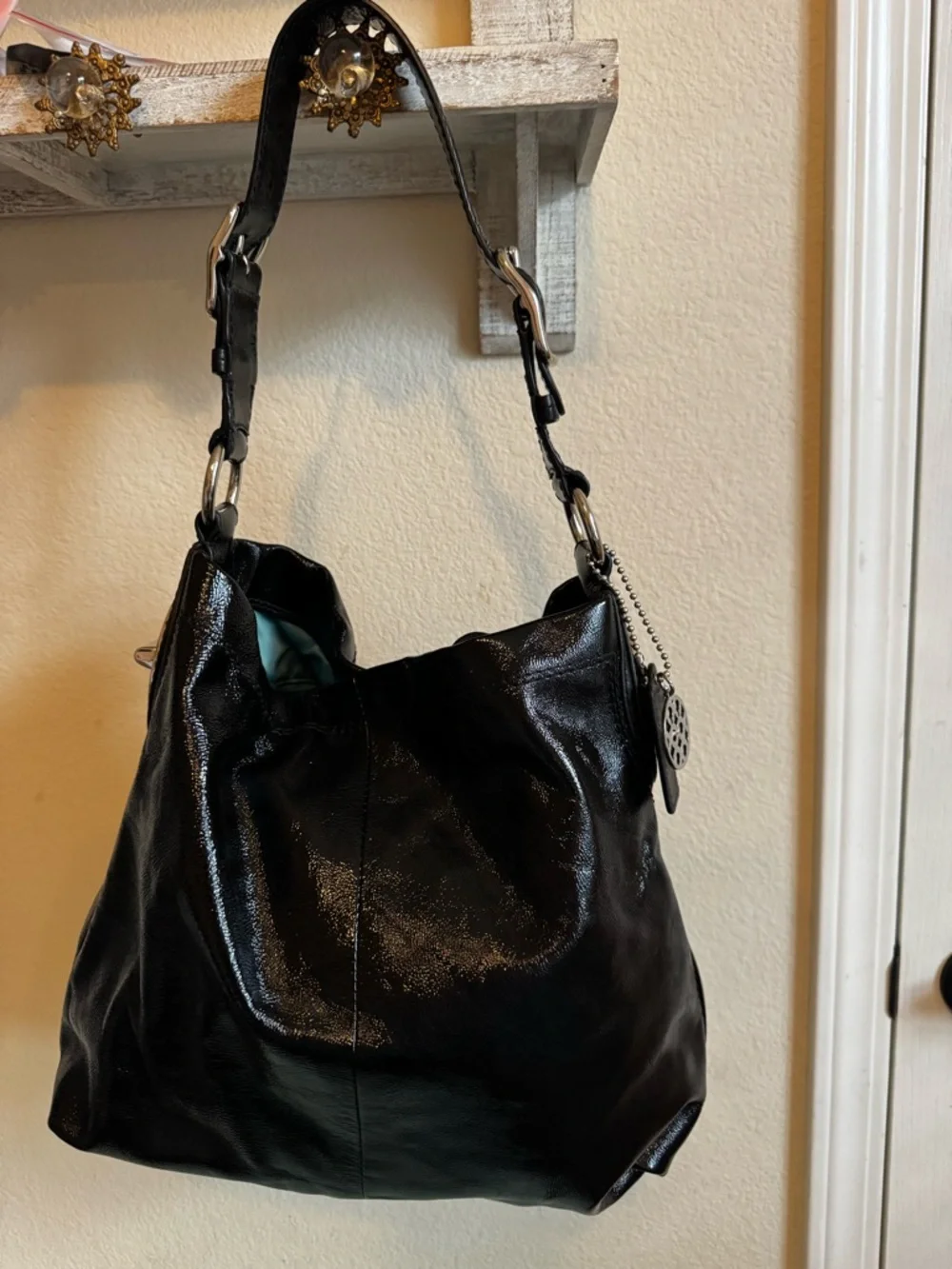 Coach Peyton black patent leather hobo purse 19755